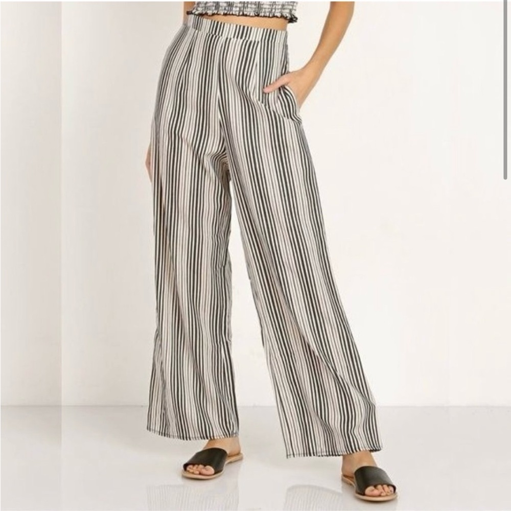 Show Me Your MUMU Black and White Striped High Waist Wide Leg Linen Pant, Large